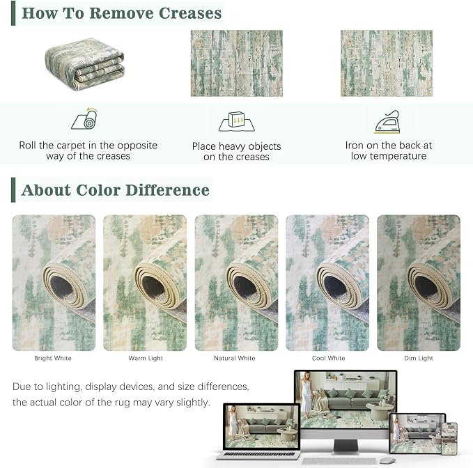 DCX Washable Abstract Area Rug 3x6, Non Slip Low Pile Rug, Sage Green | Easy to clean, non-shedding, soft, kid & pet friendly, with a non-slip rubber backing for living rooms, bedrooms, and offices