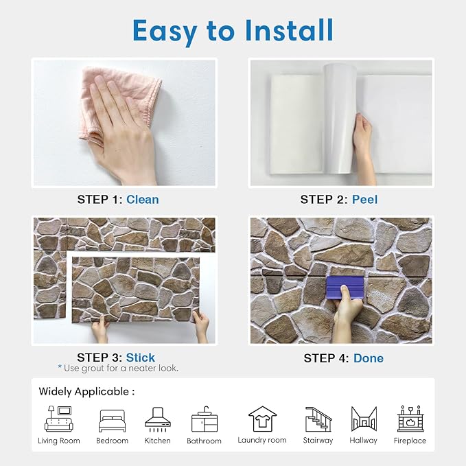COMSTICKC 3D Faux Stone Wall Panels Peel and Stick Decorative Tiles, 12 Pcs 22.8" x 11.8", DIY UrltraLight PVC Fake Stone Rock Wall Covering for Kitchen, Living Room Background, Covers 22.48 sq.ft
