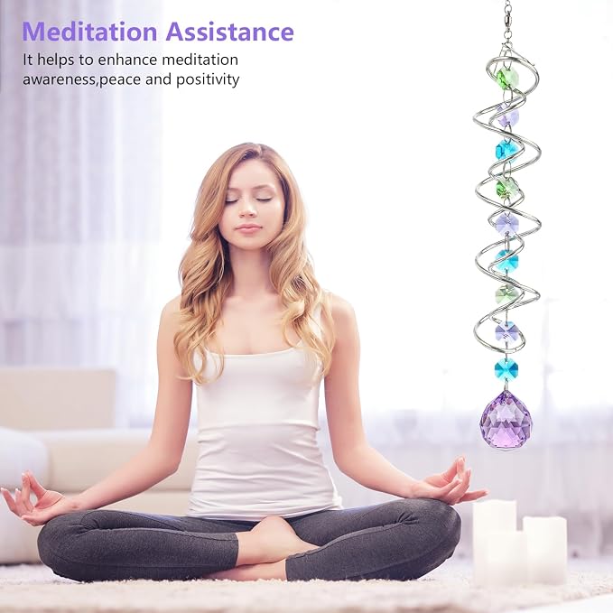 Set of 3 Crystal Suncatcher Spiral Wind Spinner Gazing Ball Decor | Crystal Suncatcher Rainbow Maker with Spiral Tail Hanging for Outdoor Garden Patio Porch Christmas Window Decor