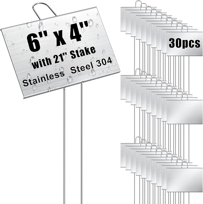 Landhoow 30 Pcs Large Garden Plant Markers Metal Plant Labels Sign 4'' x 6'' with 21'' Stake Weatherproof Waterproof Garden Sign for Outdoor Tree Seedlings Herbs Vegetable Greenhouse, Silver