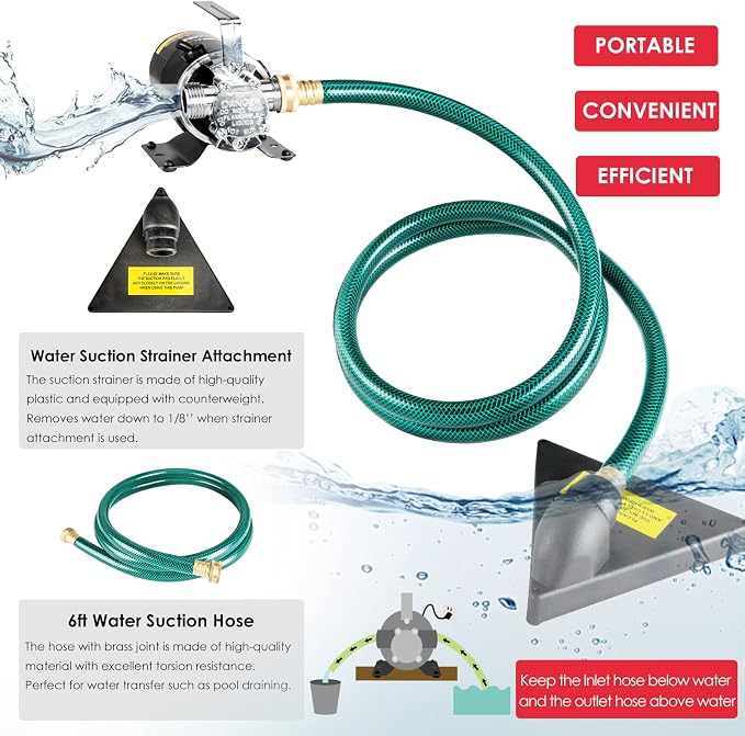 Water Transfer Pump, 115V 1/10HP 330GPH Utility Water Pump Electric With 6ft Suction Hose Kit, Portable Small Water Pump For Pool Draining, Removing Water From Rain Barrel, Aquariums, etc.