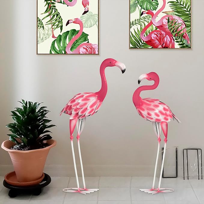 Set of 2 Pink Flamingo Outdoor Statues, Metal Yard Flamingo for Garden Patio Lawn Backyard Decorations