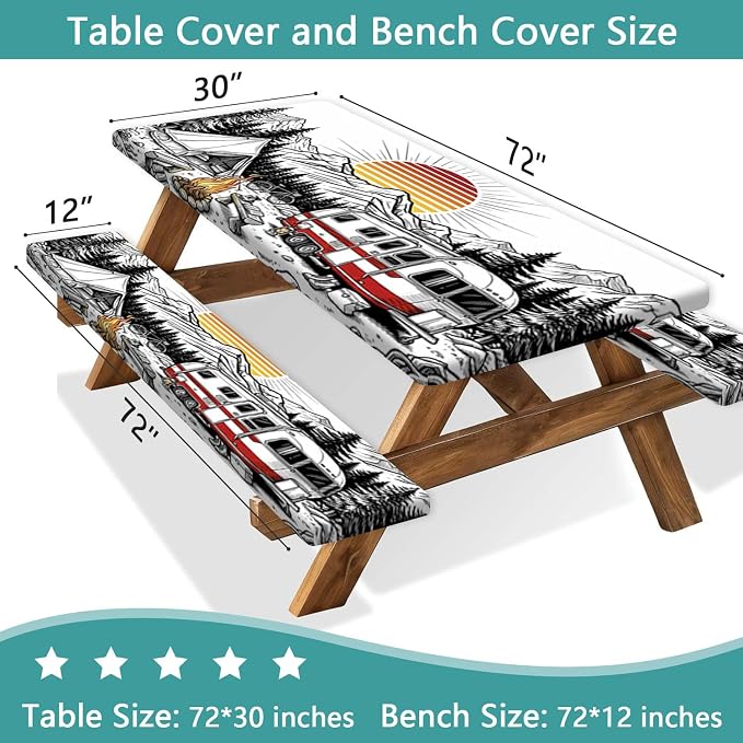 Picnic Table and Bench Covers Set Camping Essentials - Waterproof Windproof Vintage Camper Tablecloth, Camping Accessories with Drawstring Bag Fits Standard Rectangle Tables for Picnic, 30X96 inch