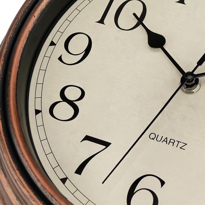 Foxtop Vintage Copper Wall Clock 12 Inch Silent Non Ticking Battery Operated Quartz Round Retro Wall Clock Decorative for Kitchen Bedroom Living Room Office Classroom