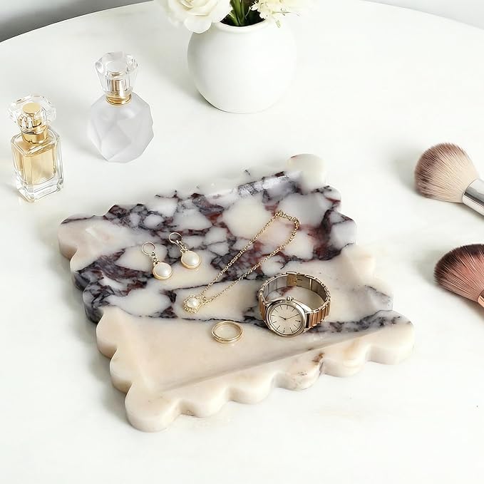 Scalloped Square Marble Decorative Tray, Natural Stone Vanity & Jewelry Tray, Trinket Organizer for Ring, Key, Dresser, Nightstand, Bathroom Counter & Kitchen Sink(Calacatta Viola)