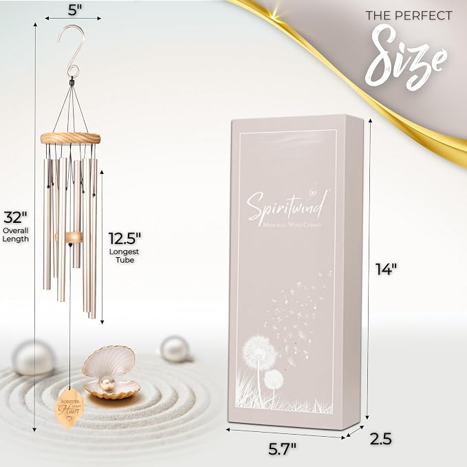 Tranquil Pearl Memorial Wind Chimes for Loss of Loved One - Beautifully Packaged, Deep Sounding Sympathy Wind Chimes for Outside - A Deeply Meaningful Sympathy Gift or as Memorial Gifts for Loss (32")