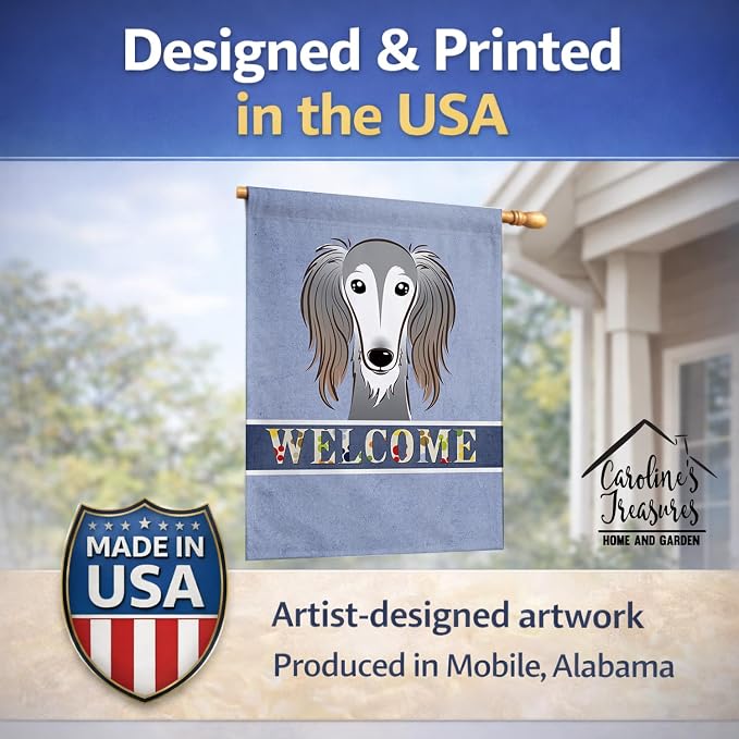 Caroline's Treasures BB1415CHF Saluki Welcome House Flag, Blue Large Porch Sleeve Pole Decorative Outside Yard Banner Artwork Wall Hanging, Polyester, House Size, Multicolor