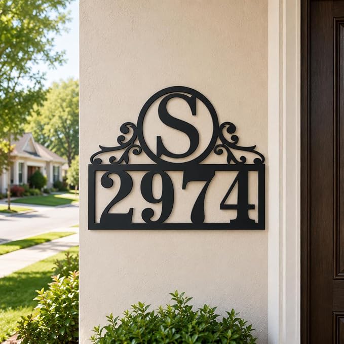 Personalized Metal House Number Sign for Outside, Custom Address Plaque with Family Initial, Door Number Plate for Yard Porch Wall Decor, House Numbers for Home