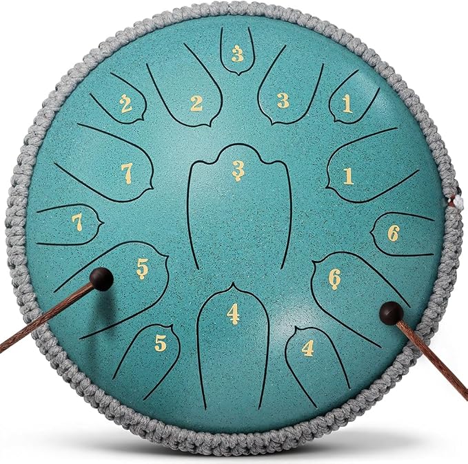 Rain Drum for Outside, 12 Inch 15 Notes Steel Tongue Drum, D Major Percussion Instrument with Soft Bag, Mallets & Music Book, Zen Garden Decor for Meditation, Yoga & Sound Healing (Green)
