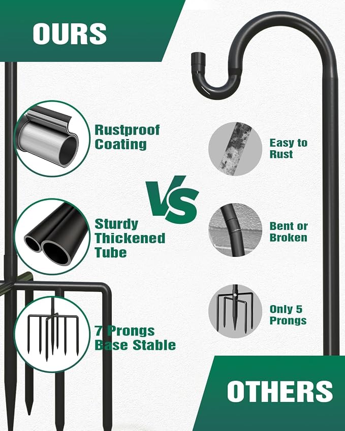 Breeze Touch 1Pack 62 Inch Adjustable Shepherd Hooks for Outdoor Outside, Heavy Duty with 7 Prongs Base, for Hanging Lantern, Hummingbird Feeder, Lightweight Plant, Wind Chime, Bird Feeder Hanger