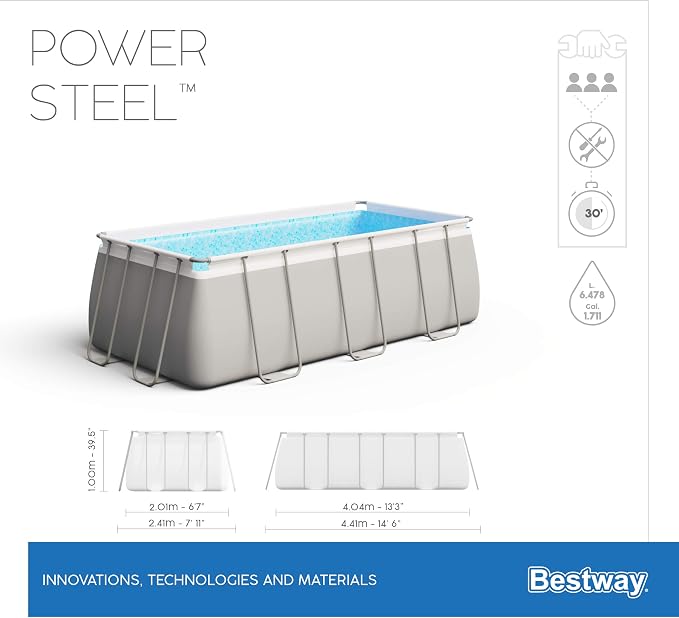 Bestway Power Steel Frame Pool-Set mit Sandfilteranlage 404 x 201 x 100 cm, lichtgrau, eckig