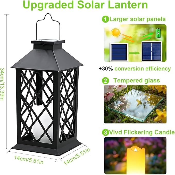 4 Pack 14" Large Tempered Glass Solar Lanterns Outdoor Waterproof, Hanging Solar Lights with Flickering Flameless Candles, Solar Lantern for Wall Porch Patio Table Garden Decoration (Black)