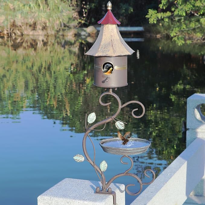 HLQMFHT Deck Bird Bath, Metal Bird Bath and Bird Houses, Decorative Deck Mounted Bird Bath, Detachable and Adjustable Sturdy Deck Bird Bath for Outdoor Porch Yard Garden Decoration