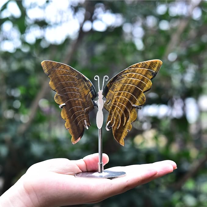 JIC Gem Natural Tiger Eye Stone Crystal Butterfly Art Wings Healing Crystal Carving Ornament with Display Stand Decoration Reiki(1pair, 10cm)