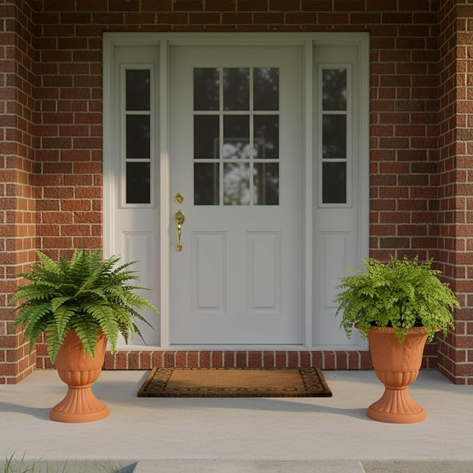 Set of 2 Goblet-Shaped Plastic Planter Urns, Terracotta, Dia 14.6" Large | OUMUHE elegant plastic flower pots with secure buckle base & porous drainage for outdoor porch plants, 16" H × 14.5" D