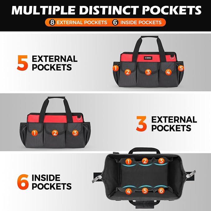 Kingfun 16 Inch Heavy Duty Wide Mouth Tool Bag with 14 Pockets | Adjustable Shoulder Strap & Padded Handle, Durable Tool Storage Bag for Electricians, Mechanics & more (Red)