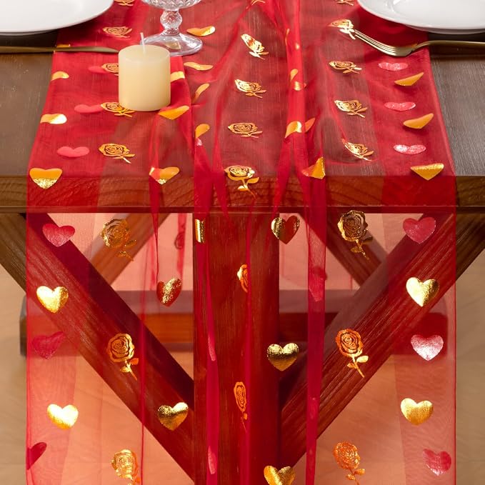 Socomi Valentine's Day Rose & Heart Table Runner Gold Gauze Sheer Romantic Sequin 10FT Glitter Metallic Foil Dining Wedding Birthday Party Baby Shower Holiday Centerpiece Table Decor 3pcs Red