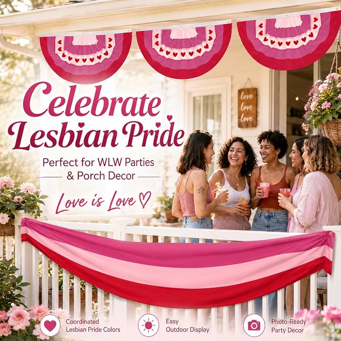 3Pack Lesbian Pride Bunting 2 x 20 Ft Pink Red White Pride Decorations, LGBTQ Lesbian Party Banner for Pride Month, WLW Wedding, Gay Pride Festival, Parade, Porch, Wall, Fence Decor