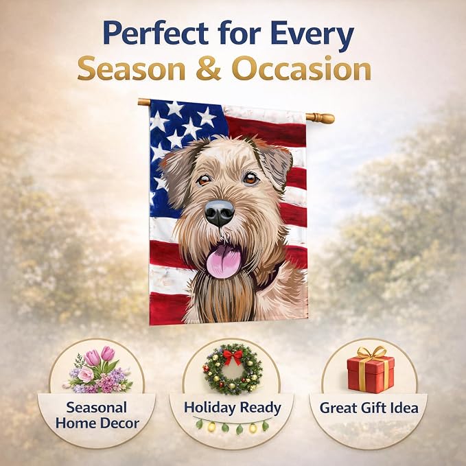 Caroline's Treasures CK6571CHF Irish Terrier American Flag House Flag Large Porch Sleeve Pole Decorative Outside Yard Banner Artwork Wall Hanging, Polyester, House Size, Multicolor