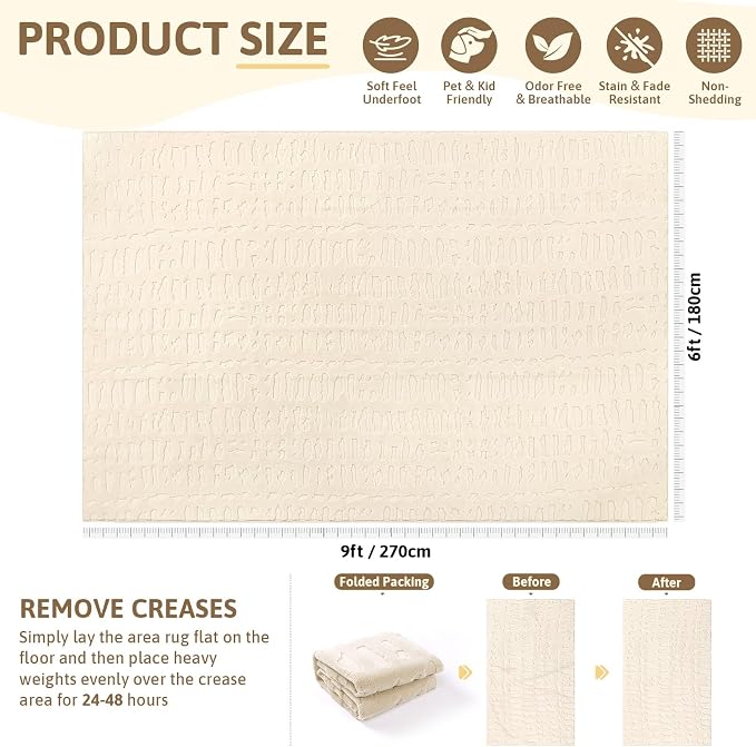 Yamaziot Washable 6x9 Area Rugs for Living Room Textured Non Slip Rug,Beige | Modern High-Low Geometric Pattern, Soft Fluffy, Neutral, Minimalist Floor Carpet for Bedroom Dining Room Nursery Kids Room