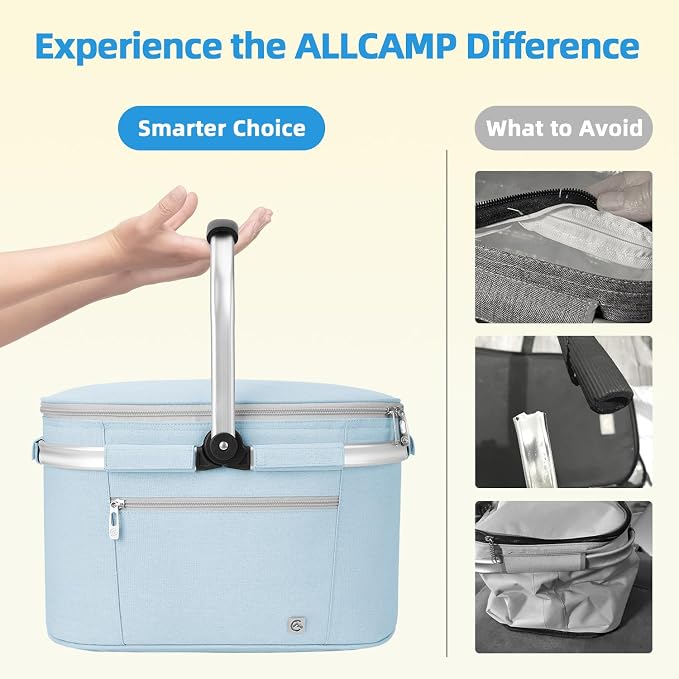 ALLCAMP Picnic Basket - Insulated Cooler, Thickening Foldable Picnic Basket with Removable Baskets & Sewn-in Frame, Basket for House Warming Gifts New Home(Light Blue)