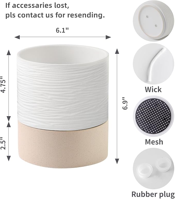 Nihow Ceramic Self Watering Plant Pot for Indoor Plants,6 Inch,White | Planter with Cotton Wick, Drainage Hole & Water Storage Plus, Cylinder Round Flower Pot, For Succulent/Herbs/Violets