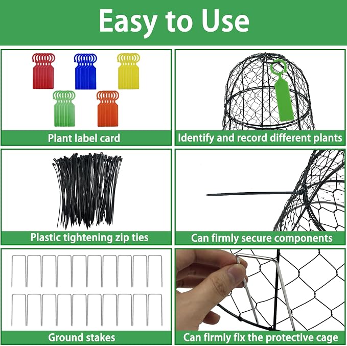 6 PCS 17.7"H X11.42"D Chicken Wire Plant Covers Protectors, Rustproof Heavy Duty Metal Plant Cage with Stakes & Labels, Modular Garden Cloches Design for Seedling Flower Vegetable Protect from Animals
