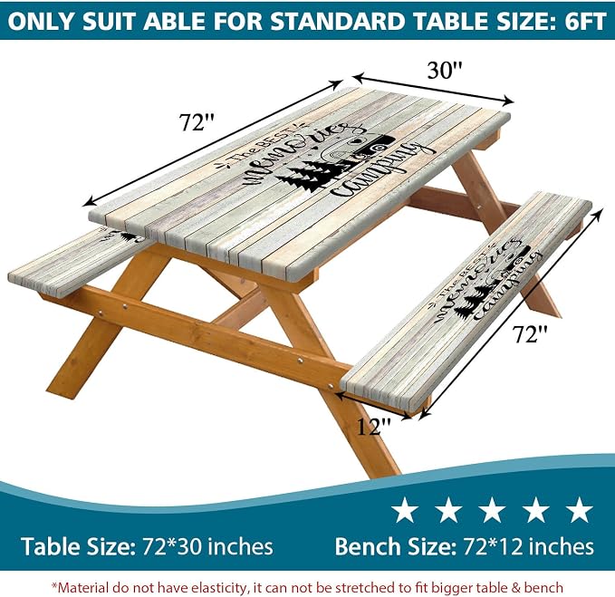 Picnic Table Cover with Bench Covers and Bag, Outdoor Camping Camper RV Wood Waterproof Windproof Tablecloth with Elastic Edges, Camping Accessories RV Gear Campers 72x30 Inches 3 Pcs Set