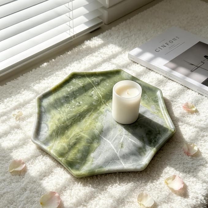 Real Natural Marble Octagon Tray 10.2in Solid Stone Decorative Plate | Luxury Green Marble Decor Tray for Candle, Jewelry, Plant. Food-Safe Solid Stone Serving Dish with Unique Veining