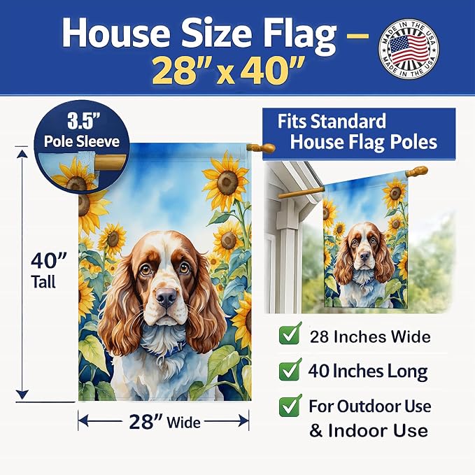 Caroline's Treasures DAC6058CHF Cocker Spaniel in Sunflowers House Flag Large Porch Sleeve Pole Decorative Outside Yard Banner Artwork Wall Hanging, Polyester, House Size, Multicolor