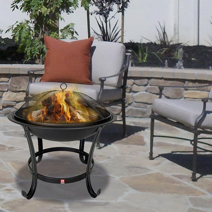 Fire Beauty Fire Pit BBQ Grill Pit Bowl with Mesh Spark Screen Cover,Poker