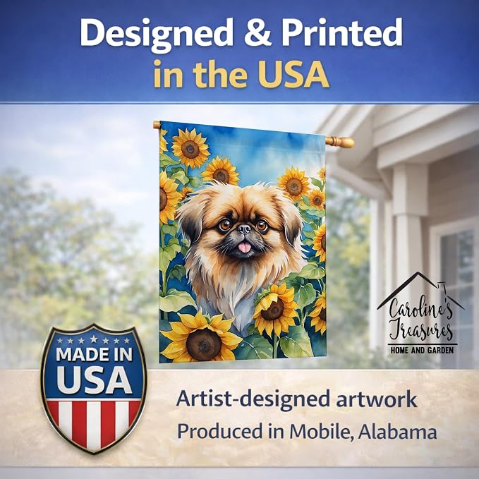 Caroline's Treasures DAC6132CHF Pekingese in Sunflowers House Flag Large Porch Sleeve Pole Decorative Outside Yard Banner Artwork Wall Hanging, Polyester, House Size, Multicolor