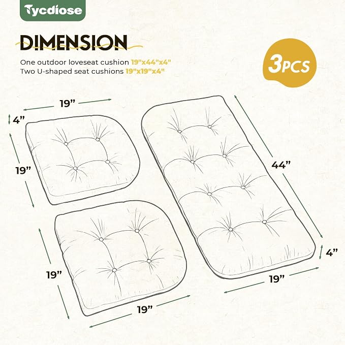 All Weather Outdoor Wicker Chair Cushions of 3 Pieces, Waterproof Outdoor Wicker Chair Cushion for Patio Furniture Loveseat Settee Bench, 1 Loveseat and 2 U-Shaped Thickened Cushions, Green
