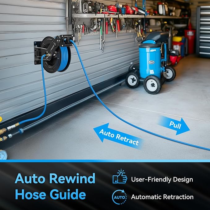 Retractable Air Hose Reel Dual Arms, 50 ft x 3/8 in Hybrid Air Hose Max 300PSI, Heavy Duty Air Compressor Hose Reel, Auto Rewind, Ceiling/Wall Mount for Garage, Workshop, Home Studio