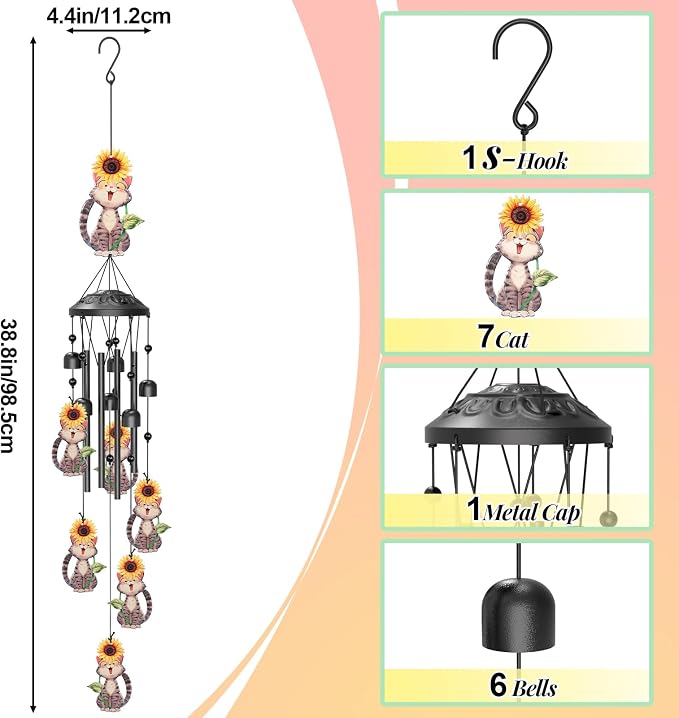 Metal Wind Chimes for Outside, Soothing Sound Rustproof Aluminum Tubes Wind Chime Décor, Windchimes Chime Decor for Yard Home Garden Lovers Women Mother’s Da (Cat)