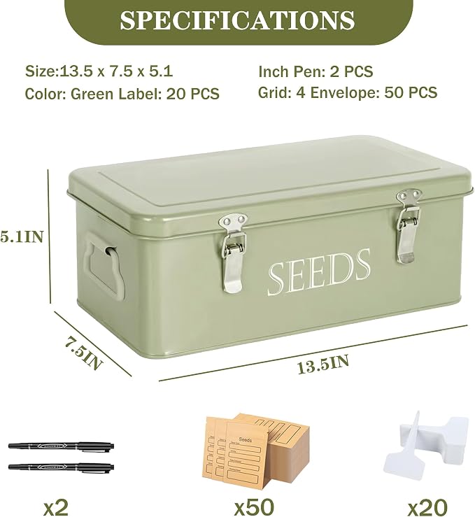 Ecopark Seed Storage Box, Professional All-in-one Kit with 2 Pens, 20 Plant Labels and 50 Seed Envelopes, Metal Storage Organizer, Saving Box, Seed Packet Container, Large, Green
