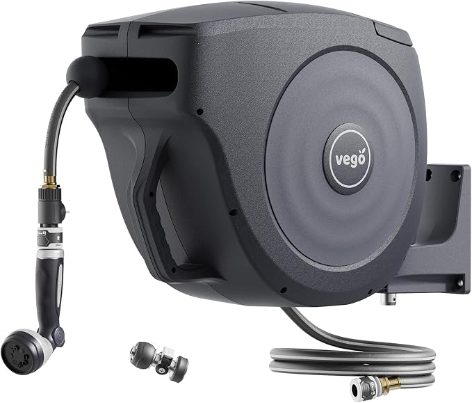 Vego Garden Hose Reel Retractable Hi-Flow Wall Mounted Hose Reel Automatic Rewind, Any Length Lock with 9 Patterns Sprayer Nozzle, Quick Connector and Adjustable shot Nozzle (Tidepool Blue, 82ft)