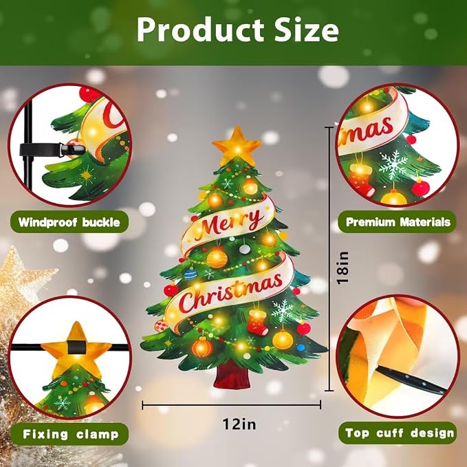 Lighted Christmas Garden Flag for Outside, Solar LED Xmas Tree Flag Decoration, 12x18 Double Sided Outdoor Yard Lawn Decor (Shape Christmas Tree, 12x18 Inch)