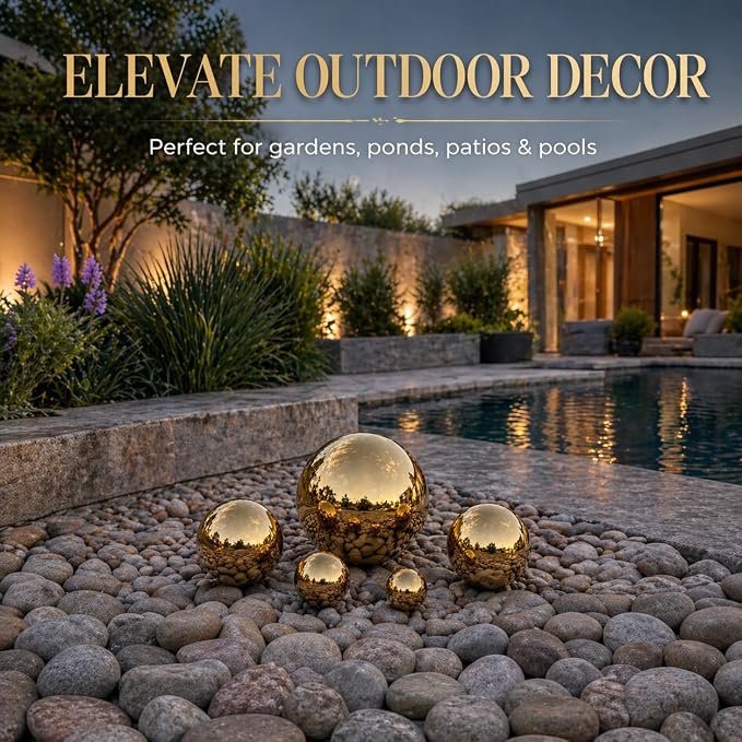 Gazing Ball Garden Mirror Outdoor - Outside Decorative Globe, Gold 5Pcs Mix | Metal Polished Reflective Sphere, Stainless Steel Hollow Decoration Ornament for Home Pond Swimming Pool Housewarming Gift