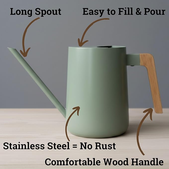 35 Ounce Metal Small Indoor Watering Can with Long Spout & Real Wood Handle for House Plants, Succulents, Cacti & Seedlings - Sage Green Long Spout Watering Can Indoor Plants - Gentle Flow & No Spills