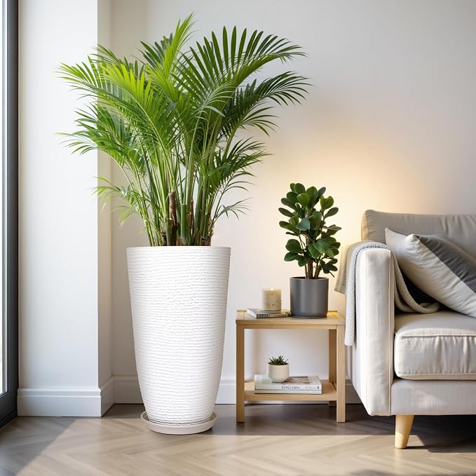 QCQHDU Set of 2 9 Gallon Tall Large planters for Outdoor/Indoor Plants of 12" Dia x 21" H Round Flower Pots Set Faux Stone Finish Front Door Patio Square Porch Planters with Tray, White