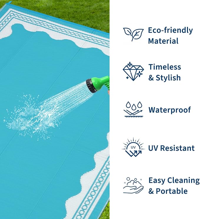 Garvee Outdoor Rug 5x8 Scalloped Waterproof Patio RV Outdoor Rugs Reversible Foldable Plastic Straw Rug Modern Camping Carpet for Deck Camper Porch Balcony Backyard Picnic Beach Light Blue