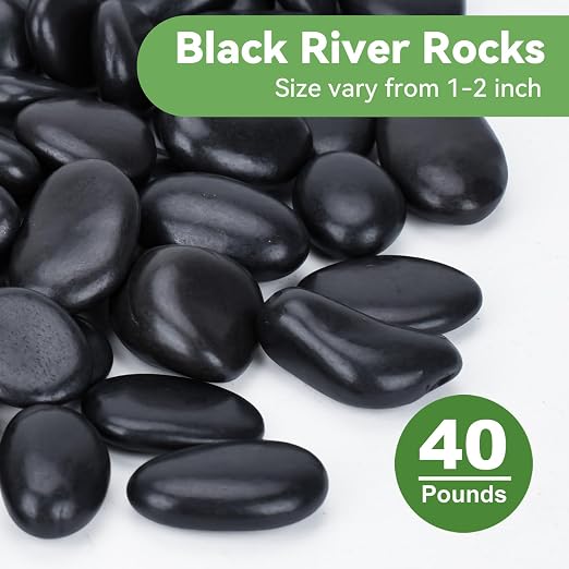 Pulovin 40lbs Decorative Stones, Black Pebbles for Landscaping, Plant Rocks for Pots Outdoor and Indoor, 1"-2" Polished River Rocks for Vase Filler, Garden Decor