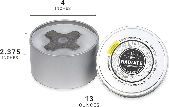 Radiate - 4 Pack Outdoor Portable Campfire - 2 Hours of Warmth and Burn Time - 4” Reusable Fire Pit for Camping, Smores, Cooking & Picnics - Recycled Soy Wax - Portable Fire Pit for Camping