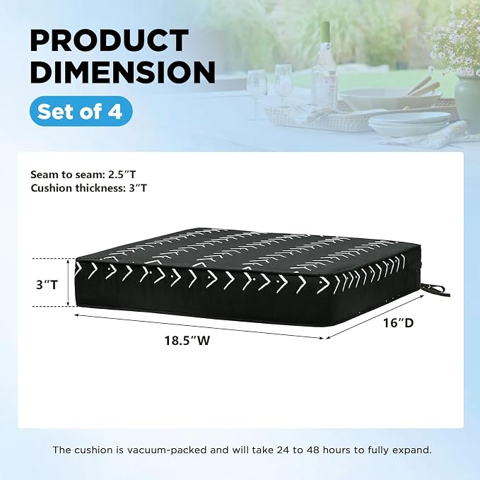 19 x 19 Inch Outdoor Chair Cushions with Tie Straps, Set of 4 Thick Water Repellent Square Patio Chair Pads for Garden Lawn Patio Furniture, Noir Trace