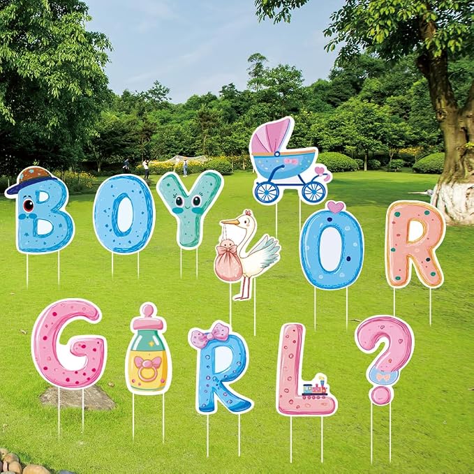 SUPERDANT 12Pcs Gender Reveal Party Yard Sign with 24 Stakes Boy or Girl Baby Shower Lawn Decorations Birth Party Outdoor Sign Newborn Garden Decor for Celebration 11.8x11 Inch
