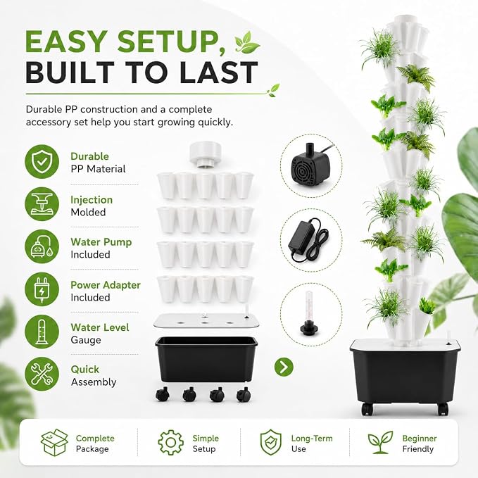 12-Tier 60-Hole Indoor Hydroponic Grow Tower, Vertical Garden System with 6.6Gal Tank & Water Pump, Self-Watering for Herbs, Lettuce, Strawberries, Space Saving Indoor Gardening for Home, Apartment