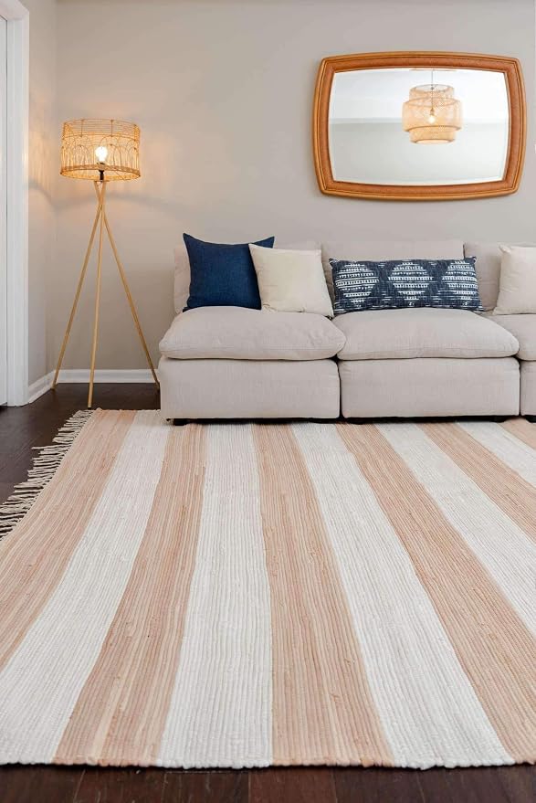 Unique Loom Chindi Rag Collection Area Rug - Striped (6' 1" x 9' Rectangle, Beige/ Ivory)