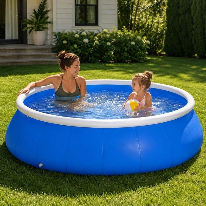 Large Inflatable Pool, 6 ft x 20 in (183 x 51 cm), Blue and White Round 3-Ply Laminated Mesh PVC Backyard Swimming Pool for 2-3 People, Foldable Kiddie Pool for Family Summer Fun