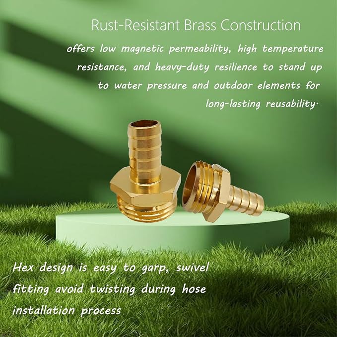 Brass Garden Hose Adapter Fitting, 3/8” Barb and 3/4” GHT Male Connector, Heavy-Duty High-Pressure Support, Rust and Corrosion Resistant (4PCS)
